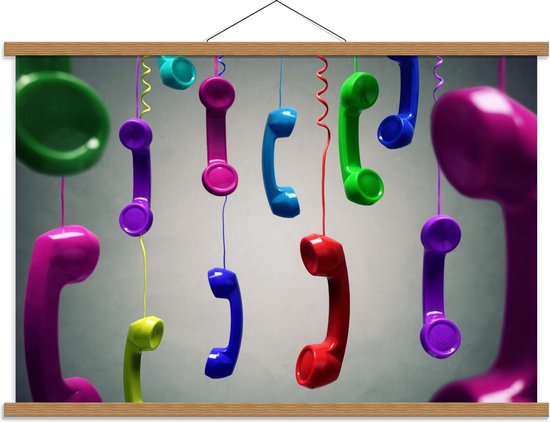 Schoolplaat – Hangende Gekleurde Telefoons - 90x60cm Foto op Textielposter (Wanddecoratie op Schoolplaat)