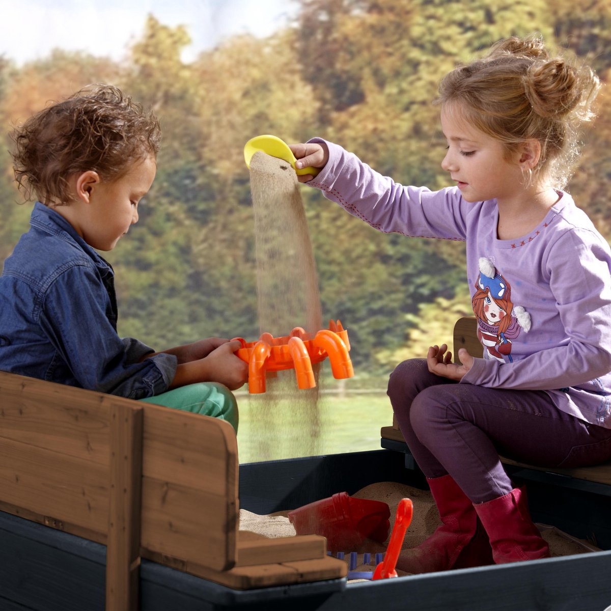 AXI Ella Houten Zandbak in Antraciet/Bruin - Met Zitbankjes en Deksel - FSC hout - 100x95x20cm - Zandbak voor kinderen — afbeelding 4