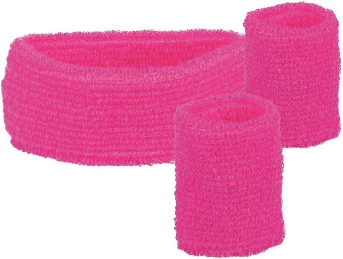 4 Sets zweetbandjes - 2 polsbandjes, 1 hoofdband - neon pink