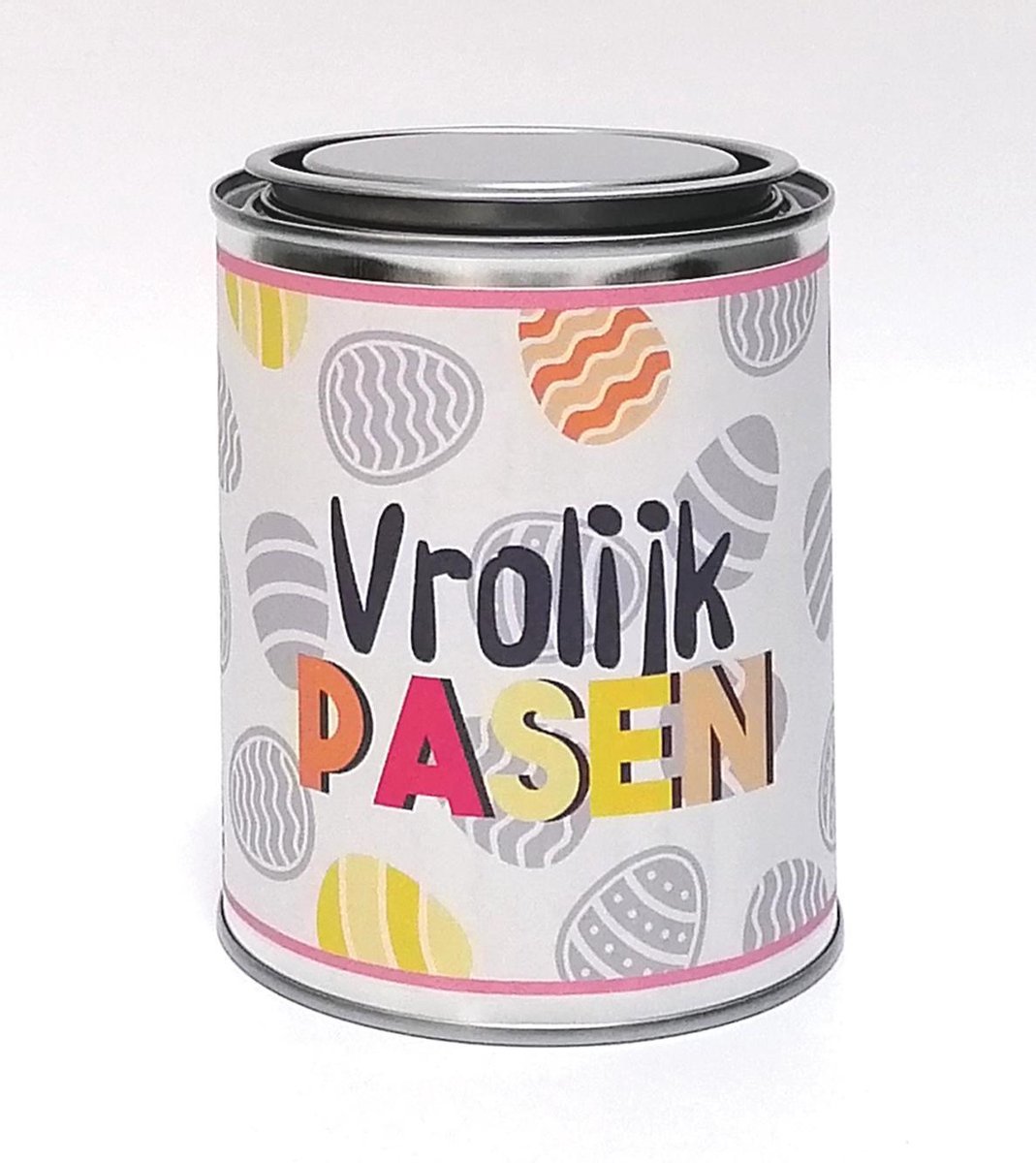 Pasen cadeautje, Vrolijk Pasen blik, gevuld met vruchtenhartjes