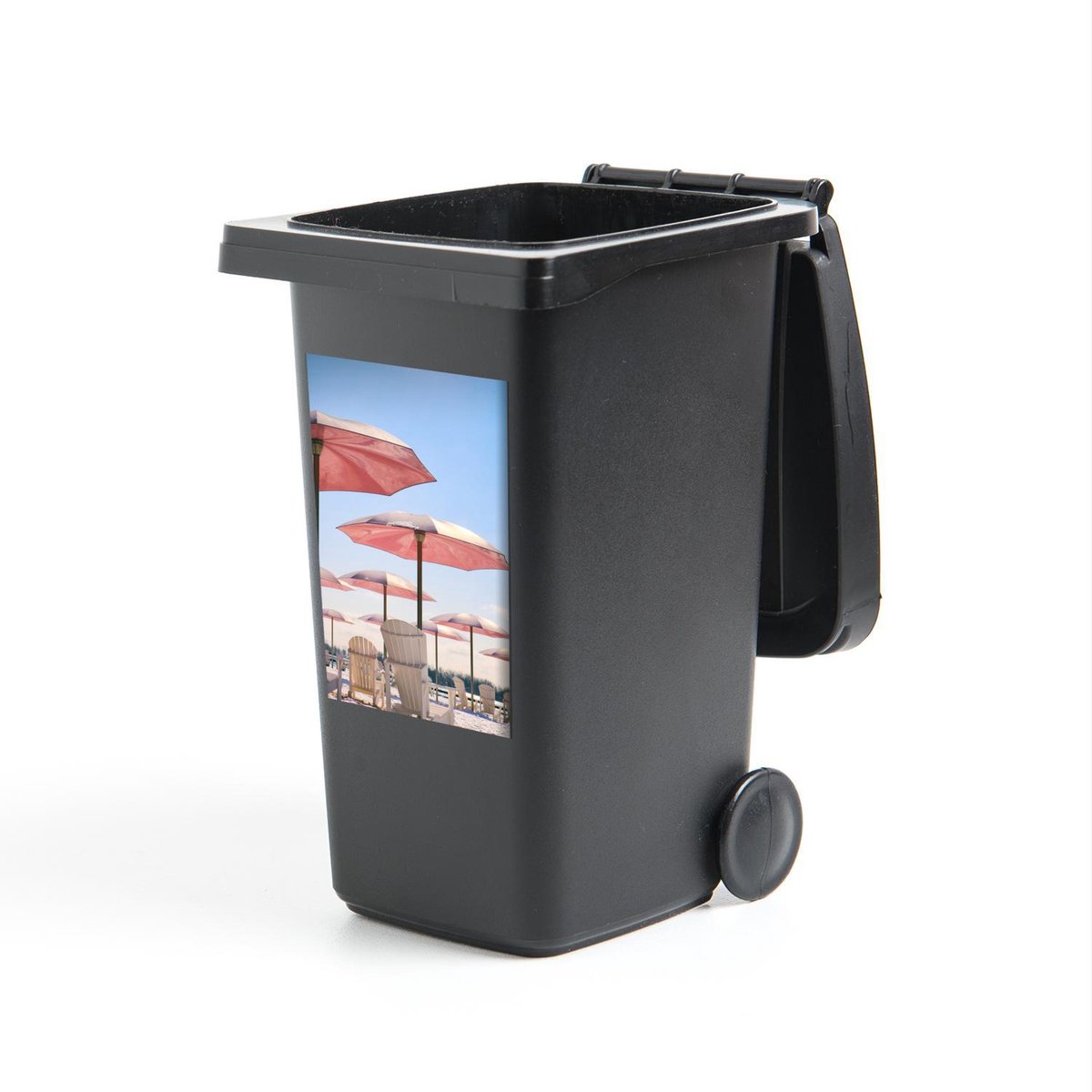 Container sticker Paraplu's op het strand - Twee parasollen met stoelen op een strand Klik