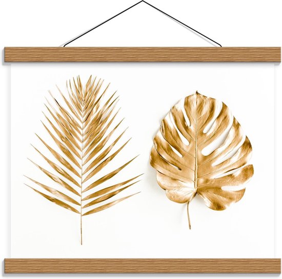 Schoolplaat – Gouden Bladeren op Witte Achtergrond - 40x30cm Foto op Textielposter (Wanddecoratie op Schoolplaat)