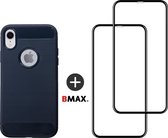 BMAX Telefoonhoesje voor iPhone XR - Carbon softcase hoesje blauw - Met 2 screenprotectors full cover
