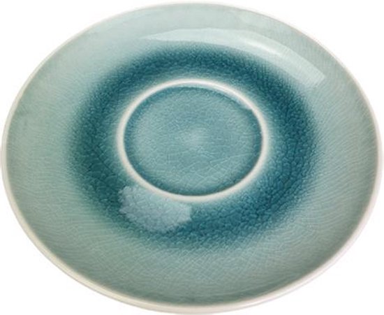 Blauw aardewerk schoteltje met een verweerd craquelé effect en een witte rand.
