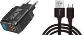 DrPhone PS-Y - 3 Meter Kabel  - USB-C  - Oplaadkabel – 18W Dubbele Qualcom 3.0 Quick Charge - Adapter - Snel Lader – Zwart