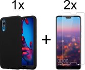 Huawei P20 hoesje zwart siliconen case hoes cover hoesjes - 2x Huawei P20 screenprotector