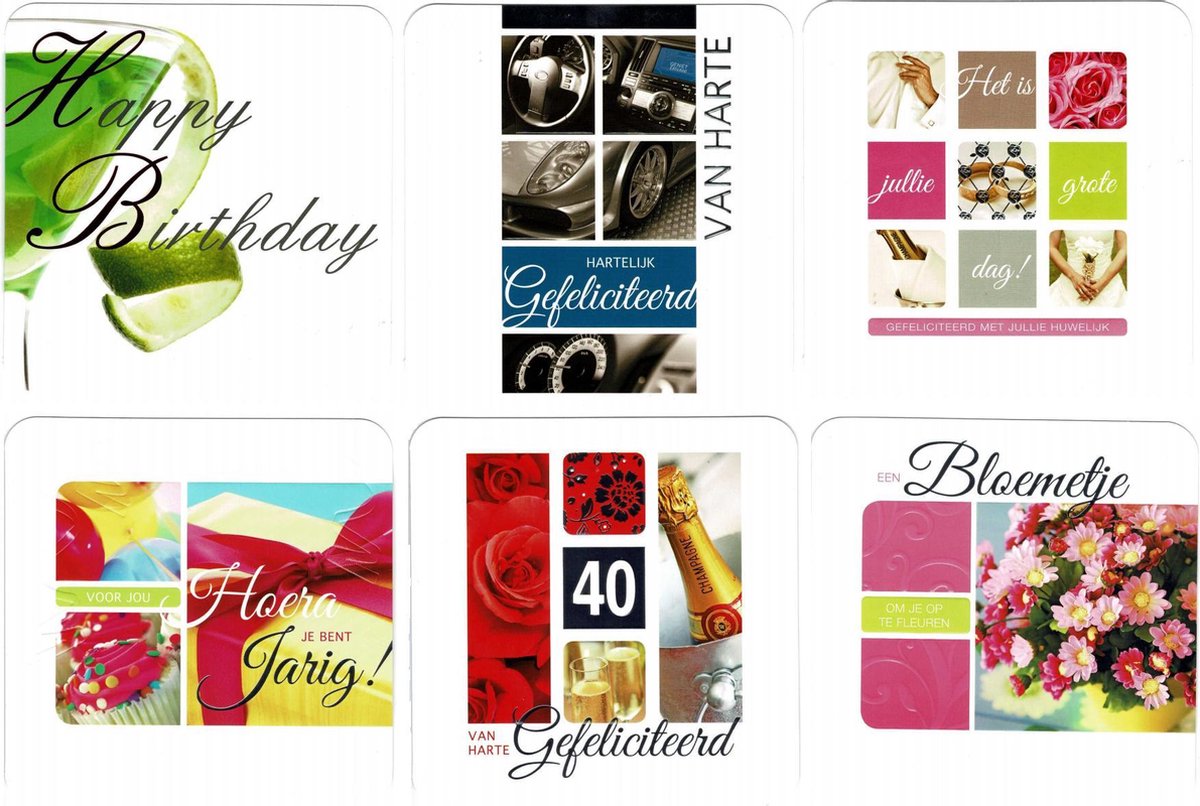 6 Luxe vierkante wenskaarten - 15 x 15 cm - Felicitatie/assorti - Gevouwen kaart met envelop -