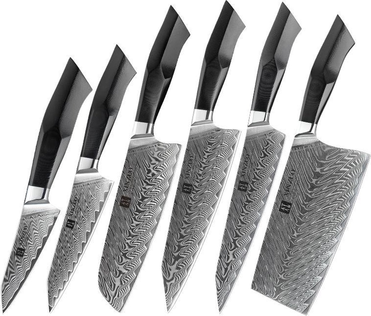 Luxe en Professionele 6-delige Keukenmessen-set van Damascus Staal (67 lagen, VG10) | Xinzuo B32 | Vlijmscherpe Damascus Stalen Lemmeten | G10 Handvaten met klinknagel mozaĂŻek | Koksmes + Hakmes + Vleesmes + Santokumes + Groentemes + Schilmes