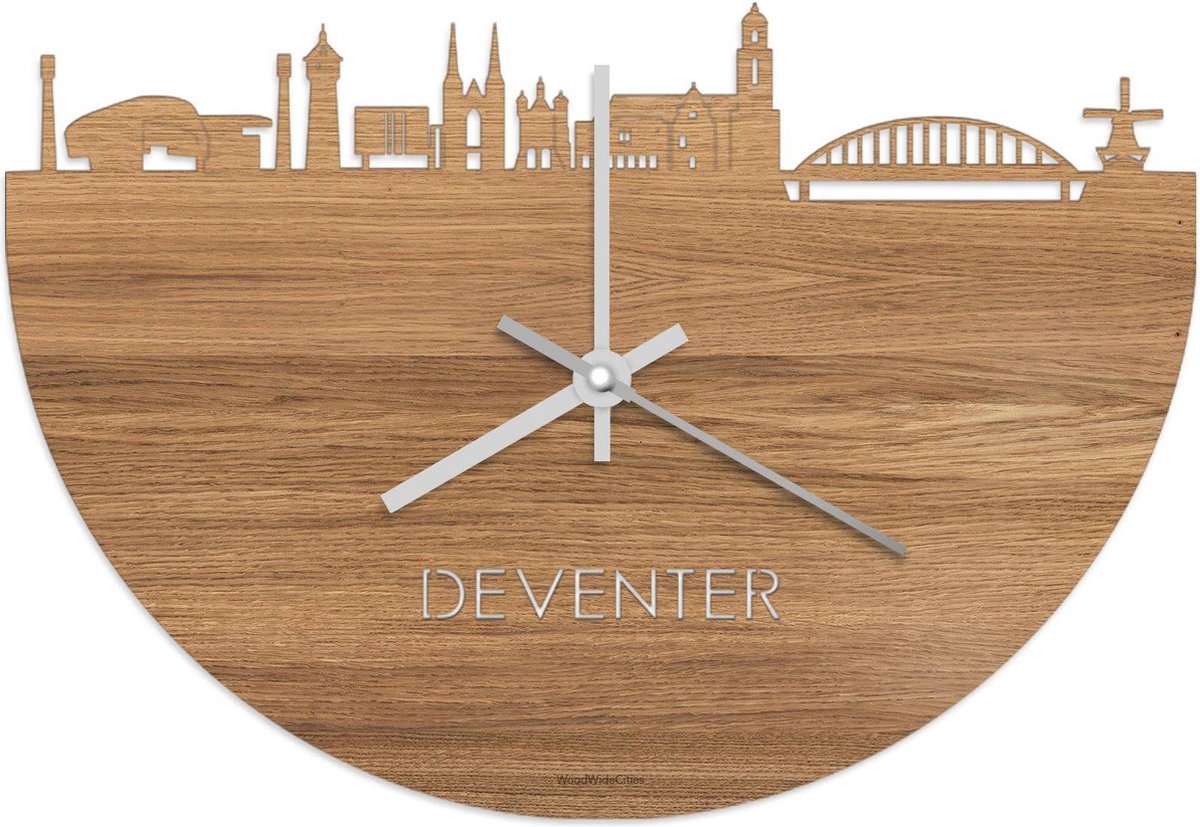 Skyline Klok Deventer Eikenhout - Ø 40 cm - Stil uurwerk - Wanddecoratie - Meer steden beschikbaar - Woonkamer idee - Woondecoratie - City Art - Steden kunst - Cadeau voor hem - Cadeau voor haar - Jubileum - Trouwerij - Housewarming - WoodWideCities
