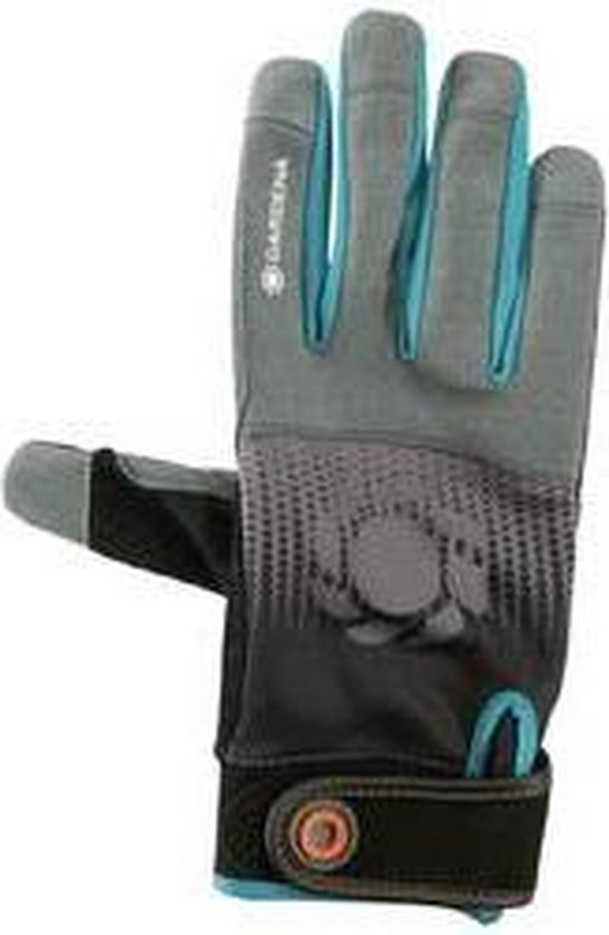 Grijze werkhandschoen met blauwe accenten, zwart detail op handpalm en gestippeld patroon.