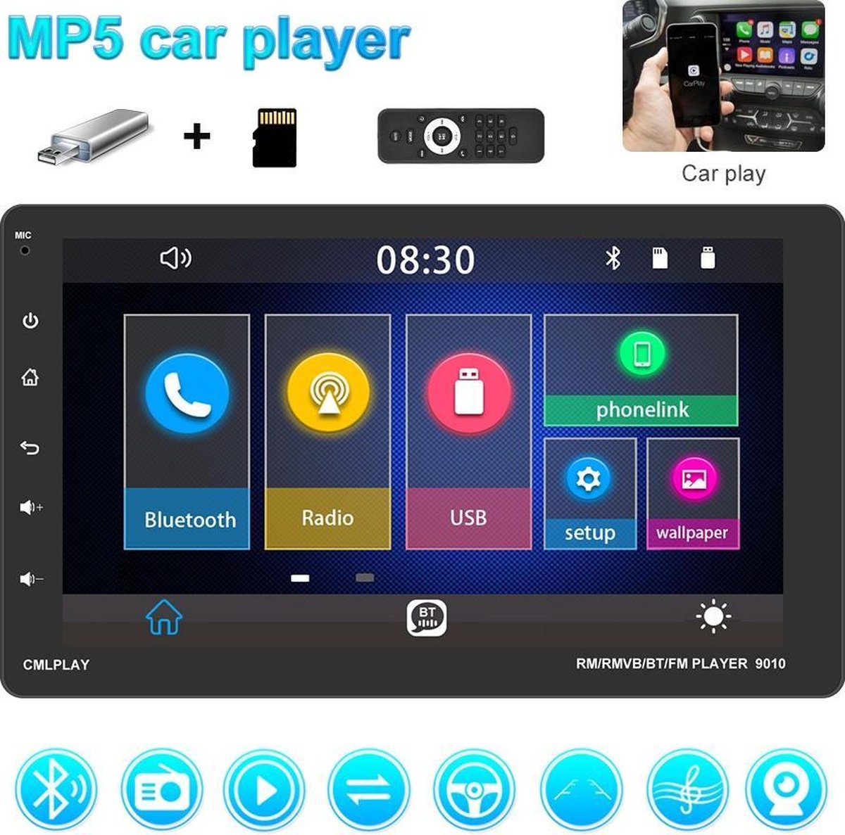 TechU™ Autoradio T99 Touchscreen – 1 Din met Afstandsbediening – 9 inch Kleuren Display – Bluetooth – AUX – USB – SD – FM radio – Handsfree bellen