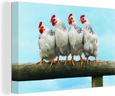 Canvas Schilderij Vier kippen op een hek - 120x80 cm - Wanddecoratie