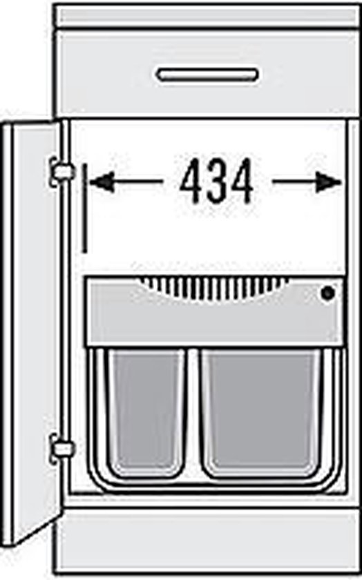 Schematische tekening van een kast met twee grijze afvalemmers, breedte 434.