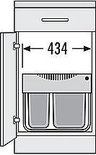 Schematische tekening van een kast met twee grijze afvalemmers, breedte 434.