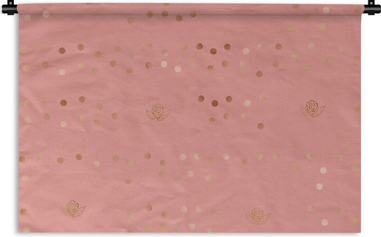 Wandkleed Luxe patroon - Luxe patroon van gouden stippen en rozen op een roze achtergrond Wandkleed katoen 150x100 cm - Wandtapijt met foto