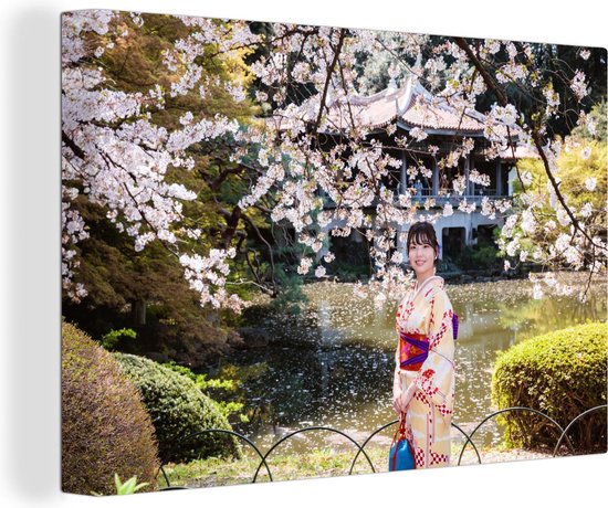 Canvas Schilderijen - Japanse vrouw staat naast een kersenblosemboom - Wanddecoratie