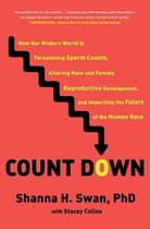 Boek "Count Down" met gele trap die naar beneden wijst, rode achtergrond en gele tekst. Titel "How Our Modern World Is Threatening Sperm Counts, Altering Male and Female Reproductive Development, and Imperiling the Future of the Human Race".
