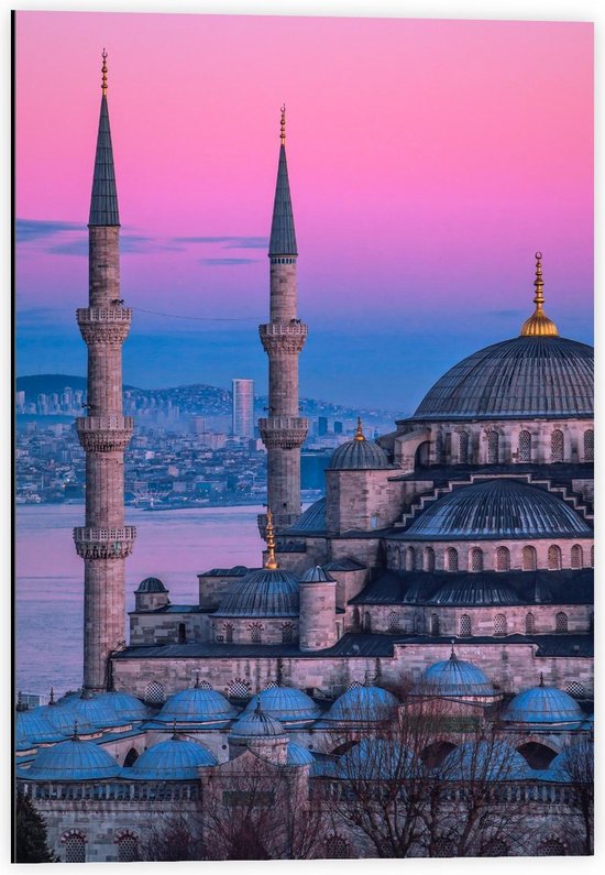 Dibond - Moskee in Istanbul met een Mooie Zonsondergang - 40x60cm Foto op Aluminium (Met Ophangsysteem)