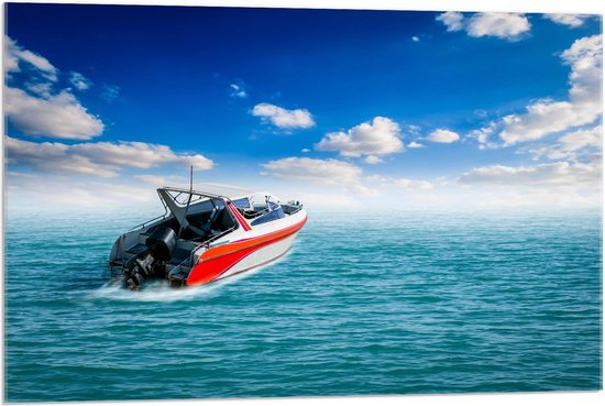 Acrylglas - Rode Speedboot op  het Water - 90x60cm Foto op Acrylglas (Wanddecoratie op Acrylglas)