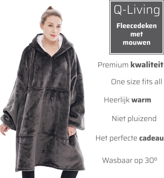 Q-Living Fleece Deken met Mouwen - 1340 gram - Huggle Hoodie - Hoodie blanket - Oodie - Tv deken - Sherpa - Donkergrijs
