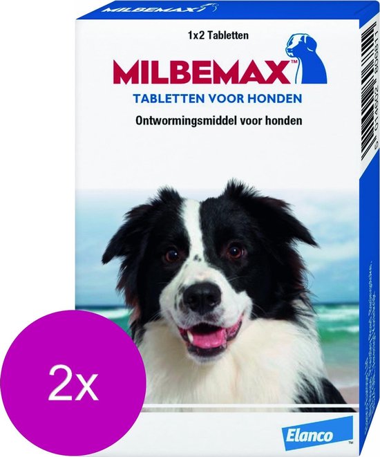 Milbemax tabletten voor honden. Ontwormingsmiddel met 2x 2 tabletten. Bordercollie op de verpakking.