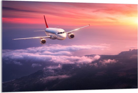 Acrylglas - Vliegtuig bij Zon boven de Wolken - 120x80cm Foto op Acrylglas (Met Ophangsysteem)