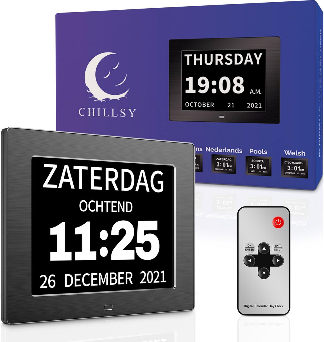 Chillsy - Digitale Dementieklok XL – Kalenderklok met Datum en Dag – Alarmfunctie – 8 inch - Chillsy