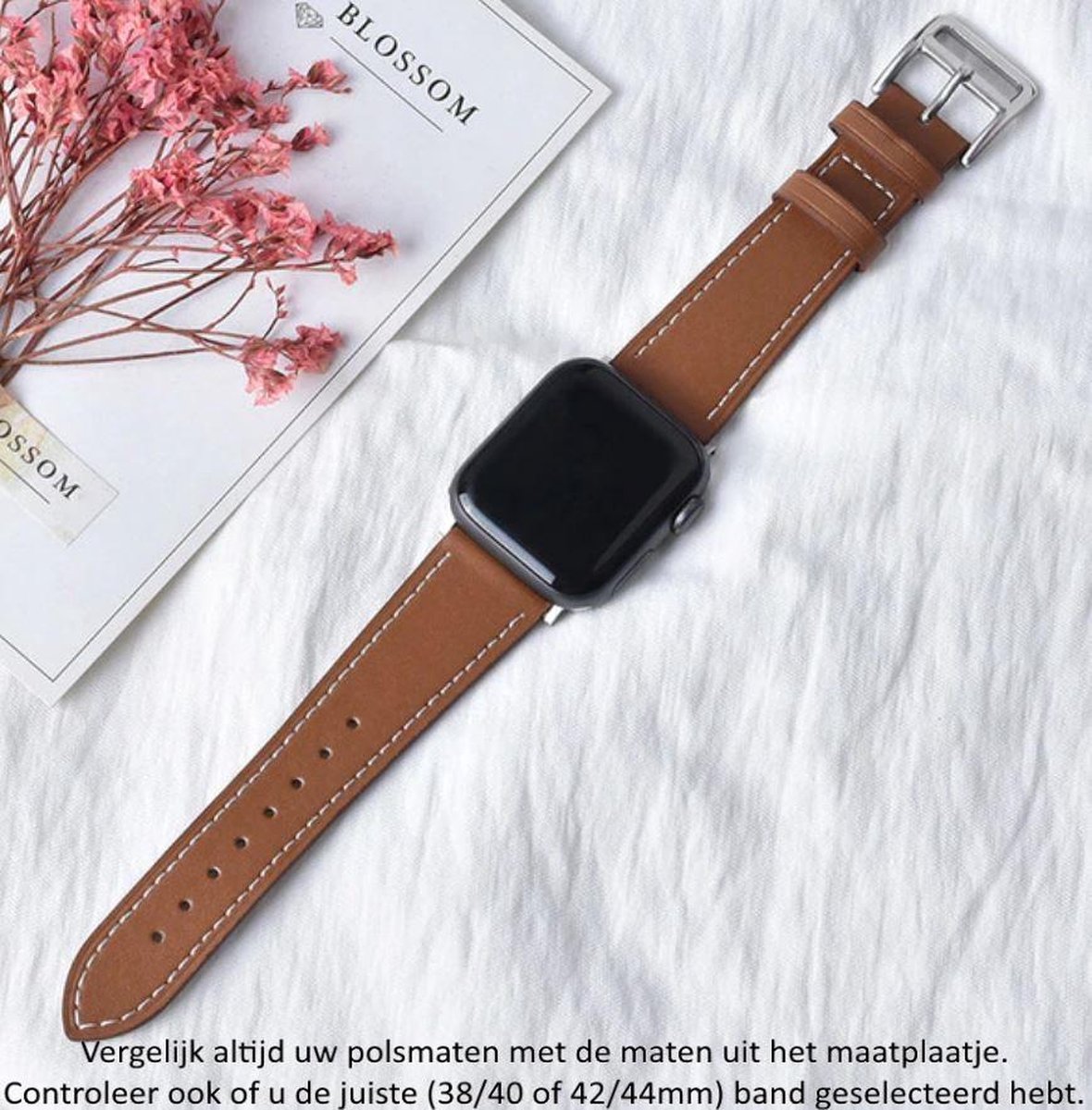 Lichtbruin Kunst Lederen Band geschikt voor Apple Watch 1, 2, 3, 4, 5, 6, 7, 8, SE, 42mm & 44mm "Mannenbreedte" Series – Maat: zie maatfoto - Kunst Leer - Leder - Leren Smartwatchbandje - Brown - Gesp