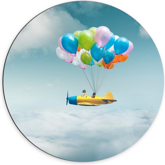 Dibond Wandcirkel - Vliegtuigje aan Ballonnen - 70x70cm Foto op Aluminium Wandcirkel (met ophangsysteem)