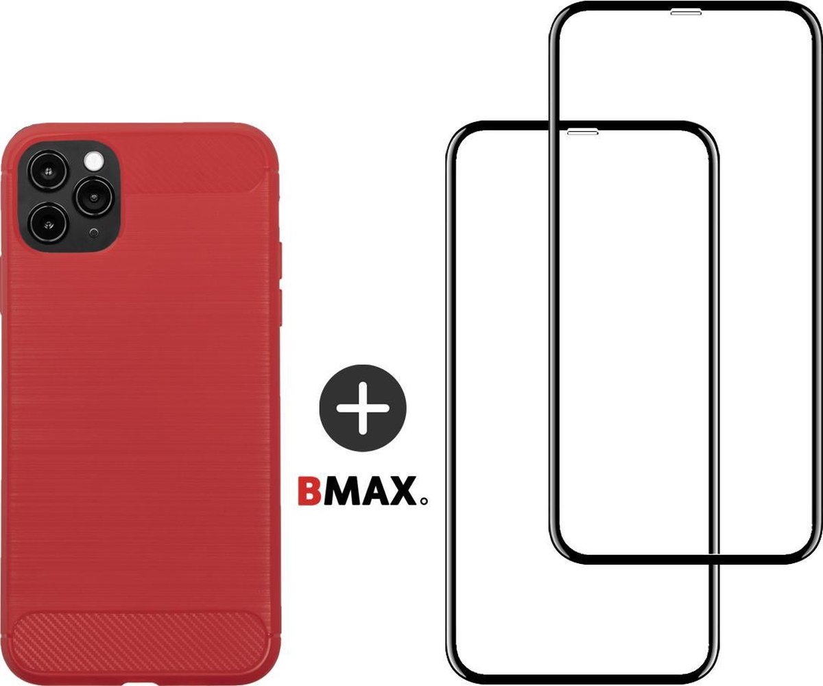 BMAX Telefoonhoesje geschikt voor iPhone 11 Pro Max - Carbon softcase hoesje rood - Met 2 screenprotectors full cover