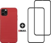 BMAX Telefoonhoesje voor iPhone 11 Pro Max - Carbon softcase hoesje rood - Met 2 screenprotectors full cover