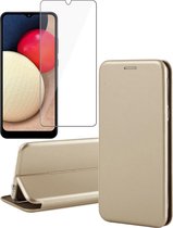 Hoesje geschikt voor Samsung Galaxy A02s - Screen Protector GlassGuard - Book Case Leer ThinShield Goud & Screenprotector