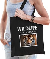 Dieren tijger foto tas katoen volw + kind zwart - wildlife of the world - kado boodschappentas/ gymtas / sporttas - tijgers