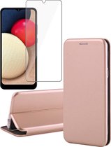 Hoesje geschikt voor Samsung A02s en Screenprotector - Book Case Leer Wallet Cover Hoes Rosegoud + Screen Protector Glas