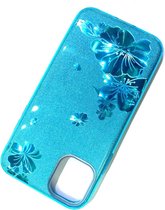 Apple iPhone 11 Pro Max Hoesje Blauw Glitters Stevige Siliconen TPU Case BlingBling met 2x gratis Tempered glass Screenprotector
