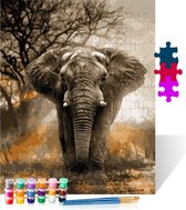 Olifant in de schemering - Puzzel Schilderen op nummer - Houten puzzel - 500 stukjes - 38x52 cm