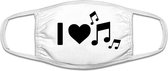 I love music mondkapje | muziek | ik hou van muziek | muzieknoten | instrumenten | dj | zanger | grappig | gezichtsmasker | bescherming | bedrukt | logo | Wit mondmasker van katoen, uitwasbaar & herbruikbaar. Geschikt voor OV