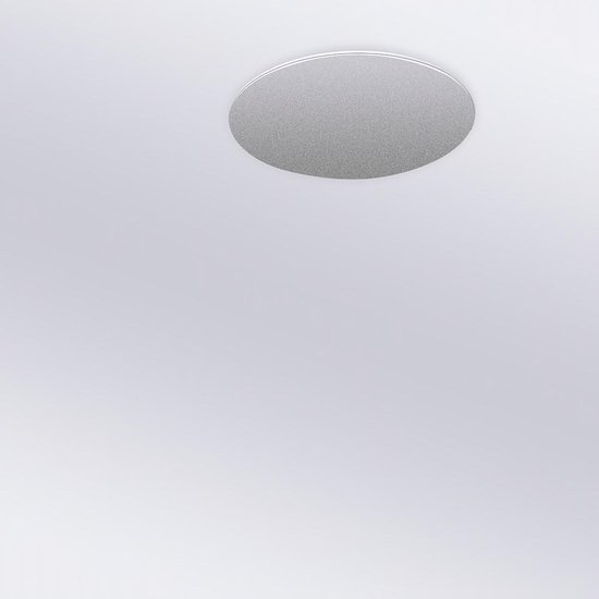 Zilverkleurige ronde schijf zweeft boven een witte ondergrond.