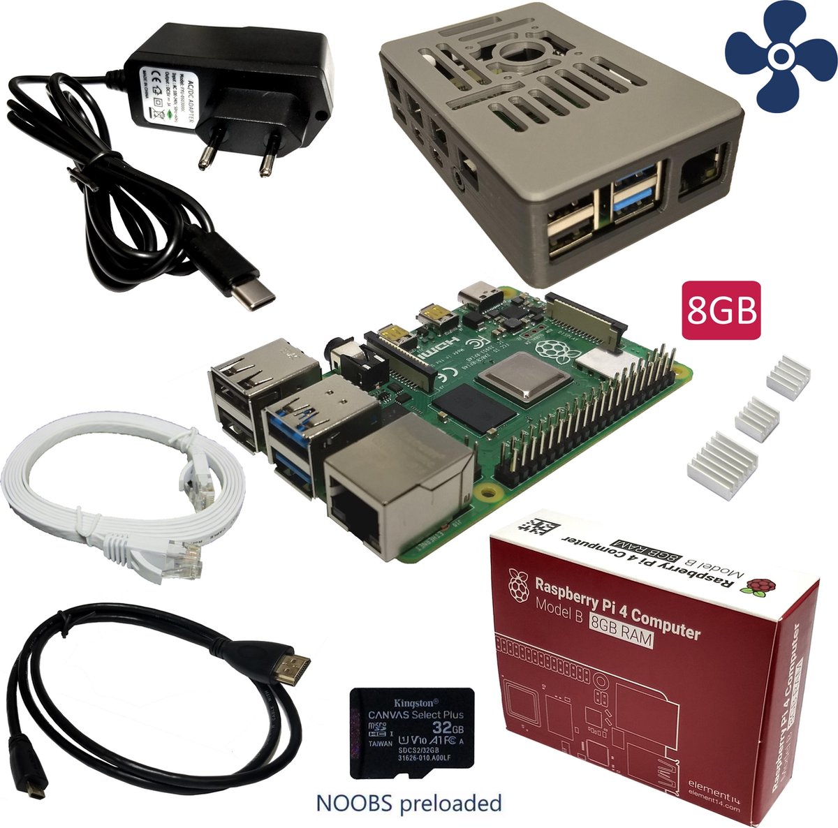 Raspberry Pi 4B - starter kit - 8GB - met ventilator - 32GB SD-kaart - Raspberry Pi, freva.com