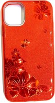 Apple iPhone 11 Hoesje Rood Glitters Stevige Siliconen TPU Case BlingBling met 2x gratis Tempered glass Screenprotector