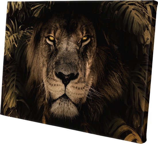 Canvasdoek Leeuw in de Jungle | Gold | LION | Wanddecoratie | | Schilderij | Dieren | Natuur