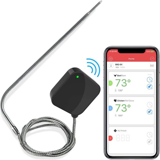 Grillzz - Bluetooth Vlees Thermometer - BBQ Accesoires - Thermometer - Vleesthermometer - Draadloos - Bluetooth - Barbecue - Met Gratis App - Geschikt Voor Oven - Grill - BBQ - Digitaal - Batterij Inbegrepen Grillzz - Bluetooth Vlees Thermometer - BBQ Accesoires - Thermometer - Vleesthermometer - Draadloos - Bluetooth - Barbecue - Met Gratis App - Geschikt Voor Oven - Grill - BBQ - Digitaal - Batterij Inbegrepen
