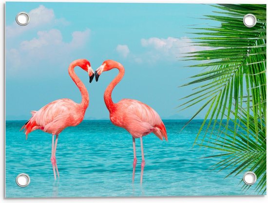 Tuinposter – Twee Liefdevolle felroze Flamingo's in het Water  - 40x30cm Foto op Tuinposter  (wanddecoratie voor buiten en binnen)
