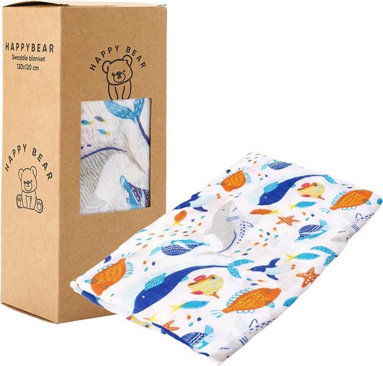 HappyBear tissu emmailloter - Animaux aquatiques | 120 cm x 120 cm |  Couverture... | bol.com