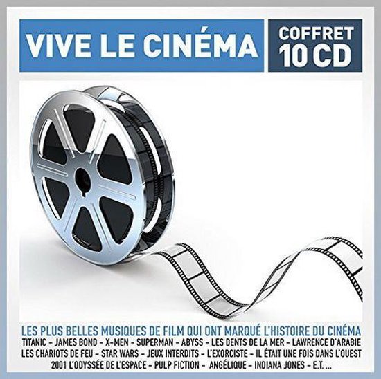 Verpakking met 10 cd's met de titel 'Vive le cinéma'. Metalen filmrol met filmstrook.