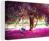 Canvas Schilderij Bank onder bloeiende bougainvillea boom in de Lodi Gardens in India - 30x20 cm - Wanddecoratie