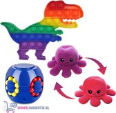 Pop It Fidget Toy Dinosaurus + Puzzle Ball + Octopus Mood Knuffel (Paars/Rood) + hartjes sticker! | pop it fidget toy goedkoop, fidget toy, fidget toys pakket, fidget toys pop it, fidget toys