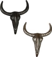 Buffelschedel - Skull voor aan de muur - Buffelskull - 2 stuks - Zilver en Zwart - Dierenschedel  - Wanddecoratie - 22 cm