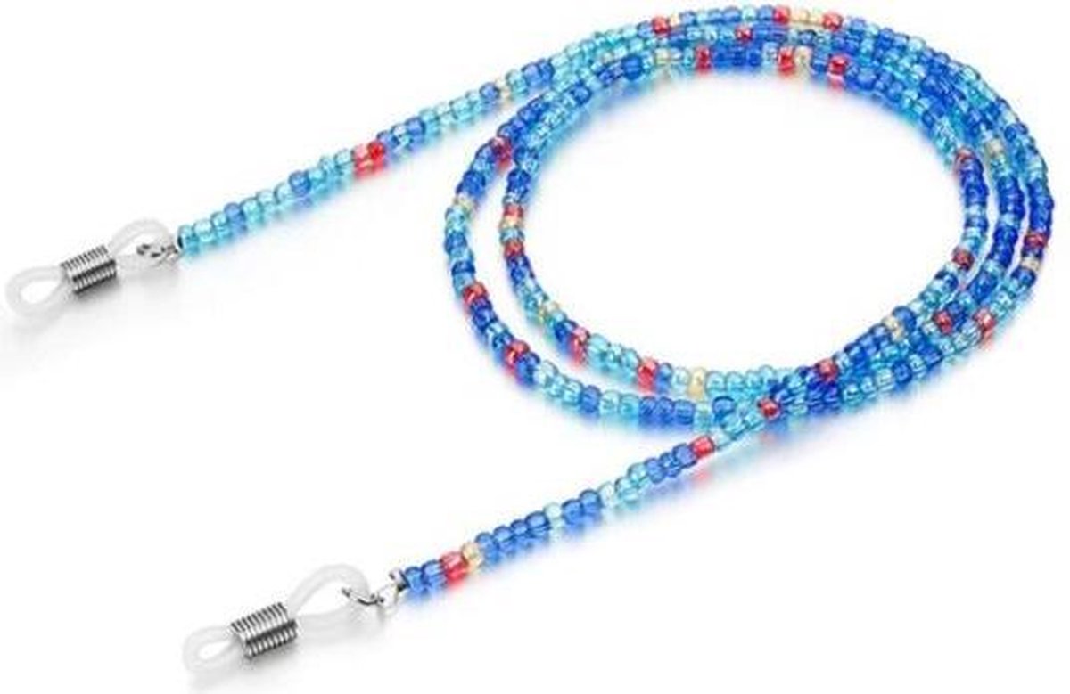 Brillenkoord - Brillenketting - Eyezoo® - Gekleurde Glas Kralen – Blauw met Rood Accent