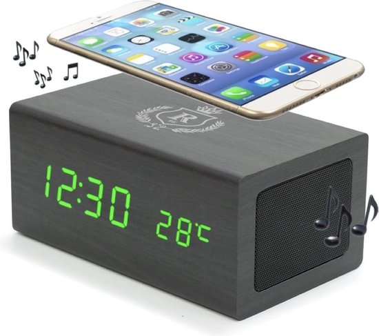 verbergen lunch bagage Royality® Digitale houten wekker met bluetooth speaker - Qi draadloze  oplader -... | bol.com